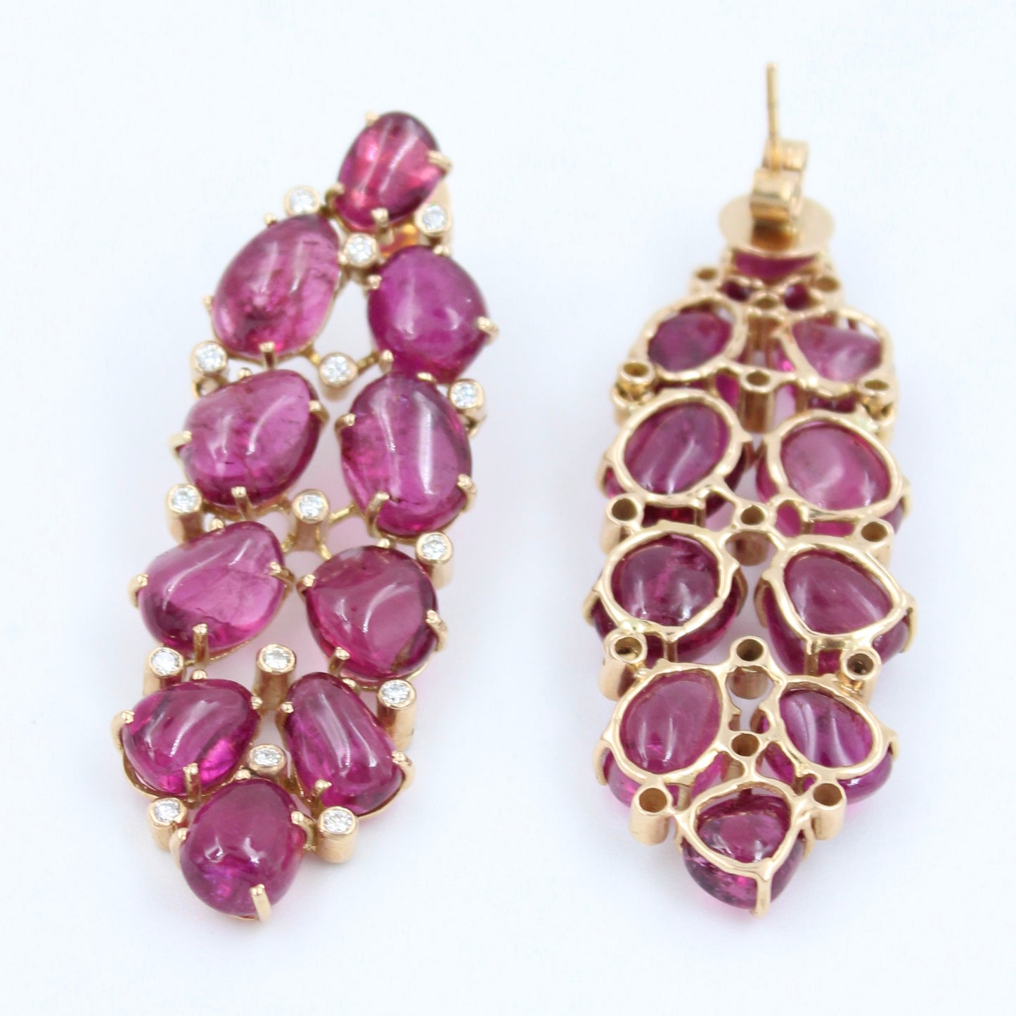 Statement 47.46 Ct Rubellite Tourmaline & Diamond Leaf Drop Earring in 18K Rose Gold