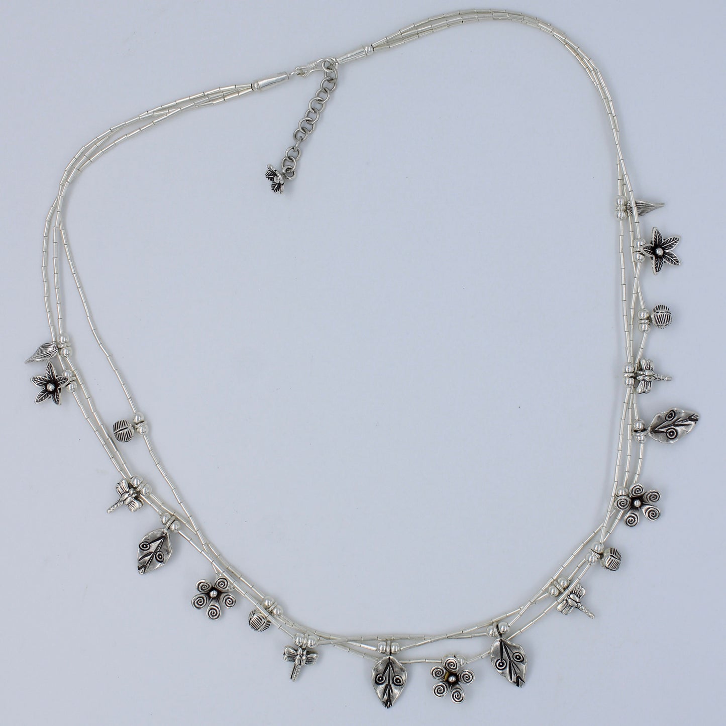 Handmade Indonesian Floral & Butterfly Charm 3 Layered Necklace in Sterling Silver