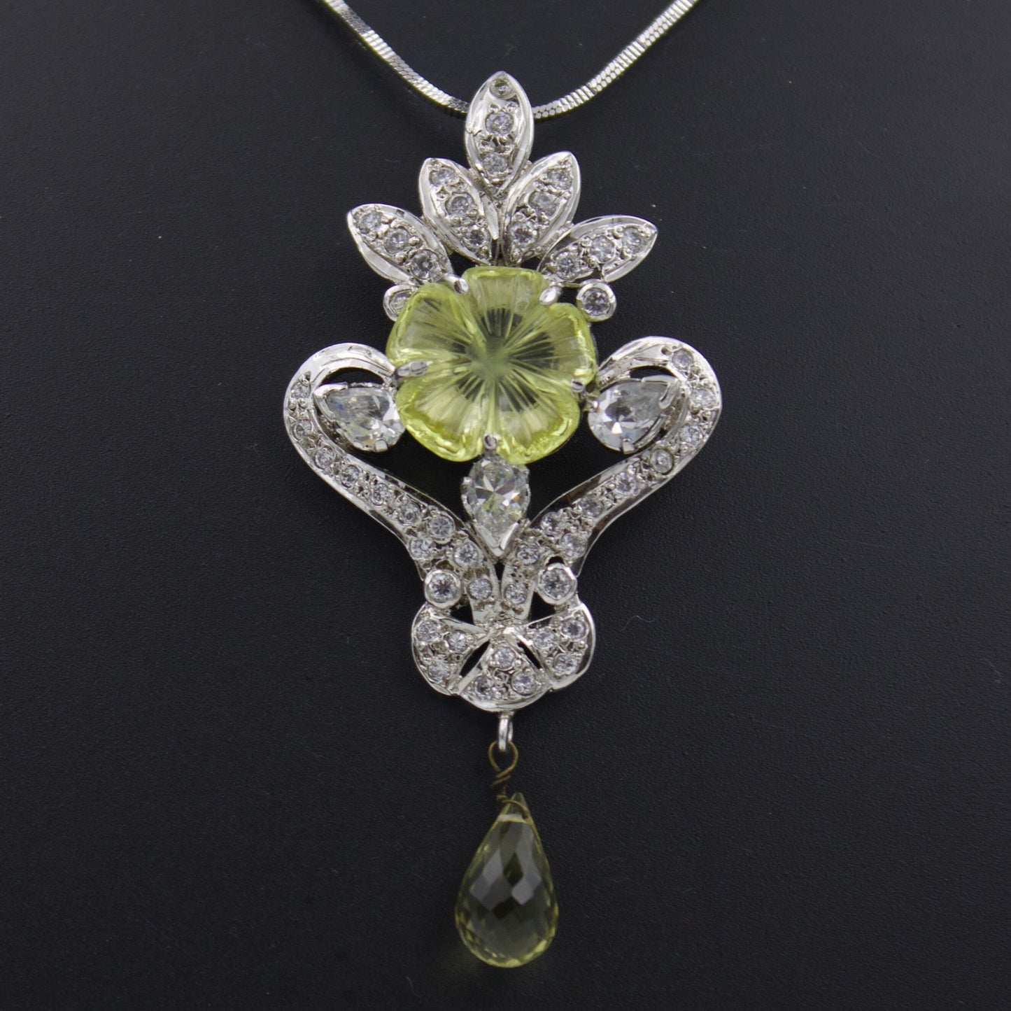 Vintage Floral Carved Lemon Topaz & CZ Pendant and Earring Set in Sterling Silver