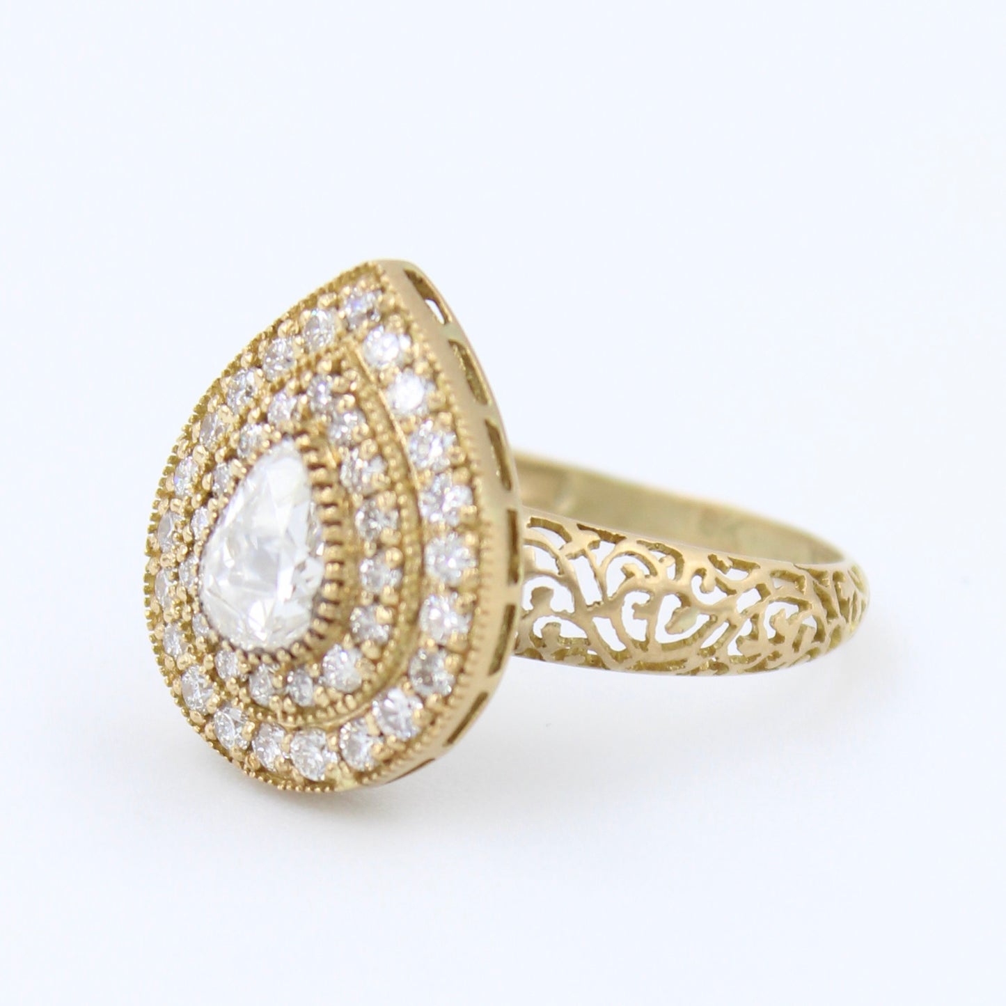 Natural 0.93 Ct Rose Cut & Round Diamond Filigree Work Cocktail Ring in 18K Brushed YellowGold