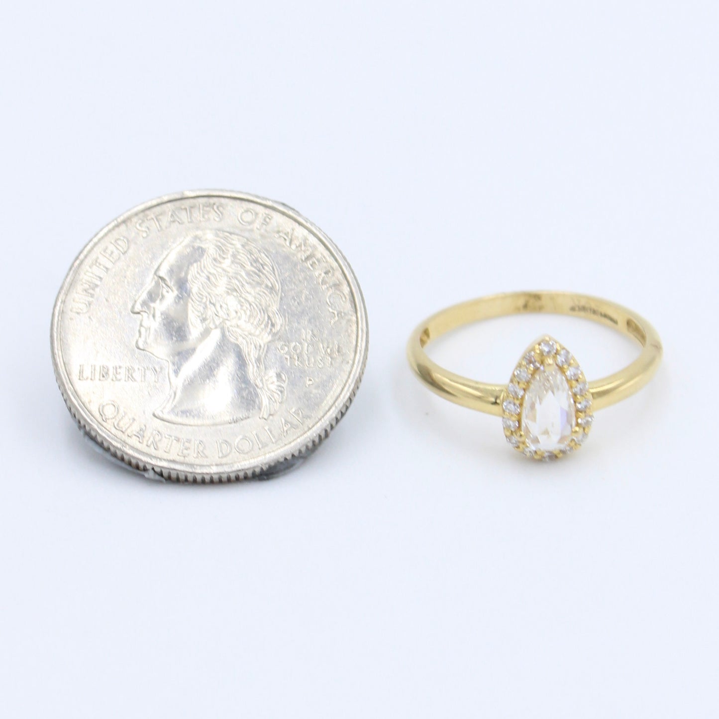 Natural 0.69 Ct Rose Cut Pear Diamond Halo Ring in 18K Gold