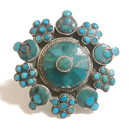 Vintage Tibetan Natural Turquoise Cocktail Ring in Sterling Silver