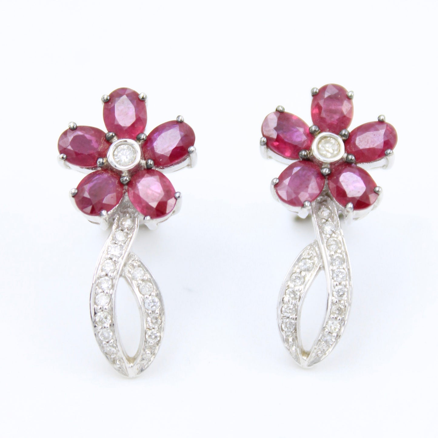 Elegant 3.47 TCW Natural Ruby and Diamond Floral Drop Earring in 18K Gold