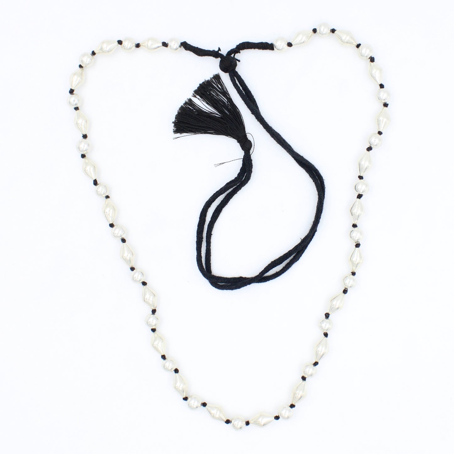 Vintage Long Silver Balls Beaded Necklace with Adjustable Thread