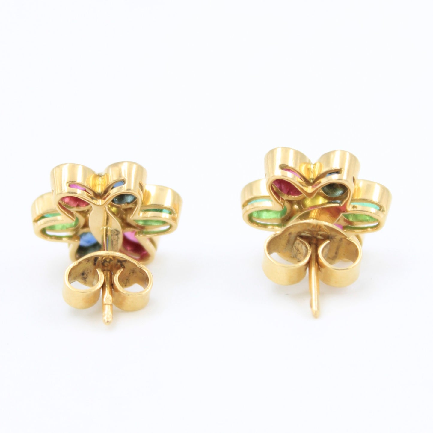 Elegant 4.25 TCW Natural Ruby, Emerald and Sapphire Floral Stud Earrings in 18K Yellow Gold