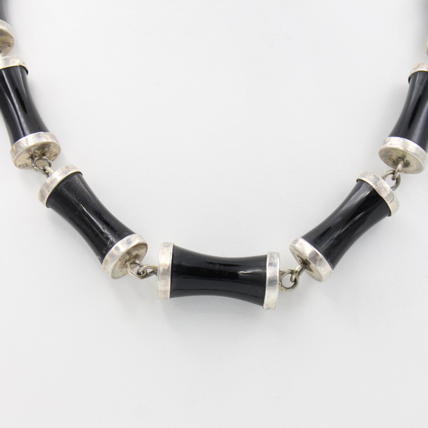 Vintage Natural Black Onyx Bamboo Bead Necklace in Sterling Silver
