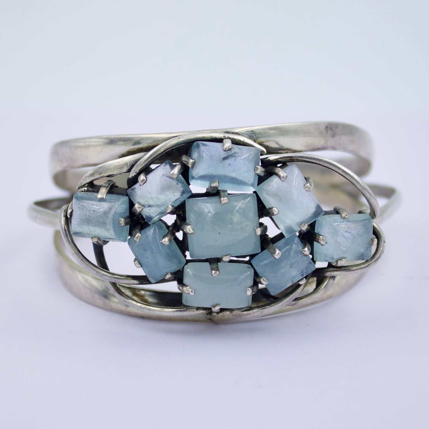 Vintage Aquamarine Statement Cuff Bracelet in Sterling Silver