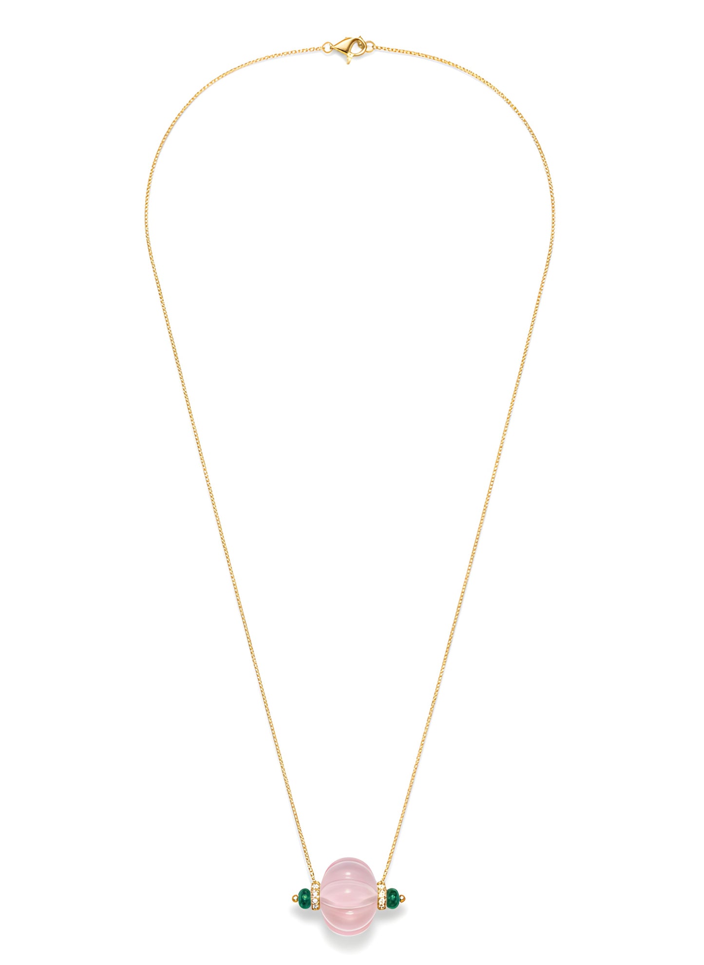 29 Ct AAA Natural Rose Quartz, Emerald & Diamond Melon 18K Gold Pendant Necklace