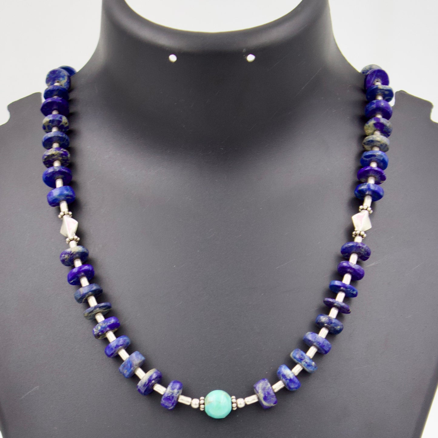 Vintage Lapis and Turquoise Beaded Statement Necklace in Sterling Silver