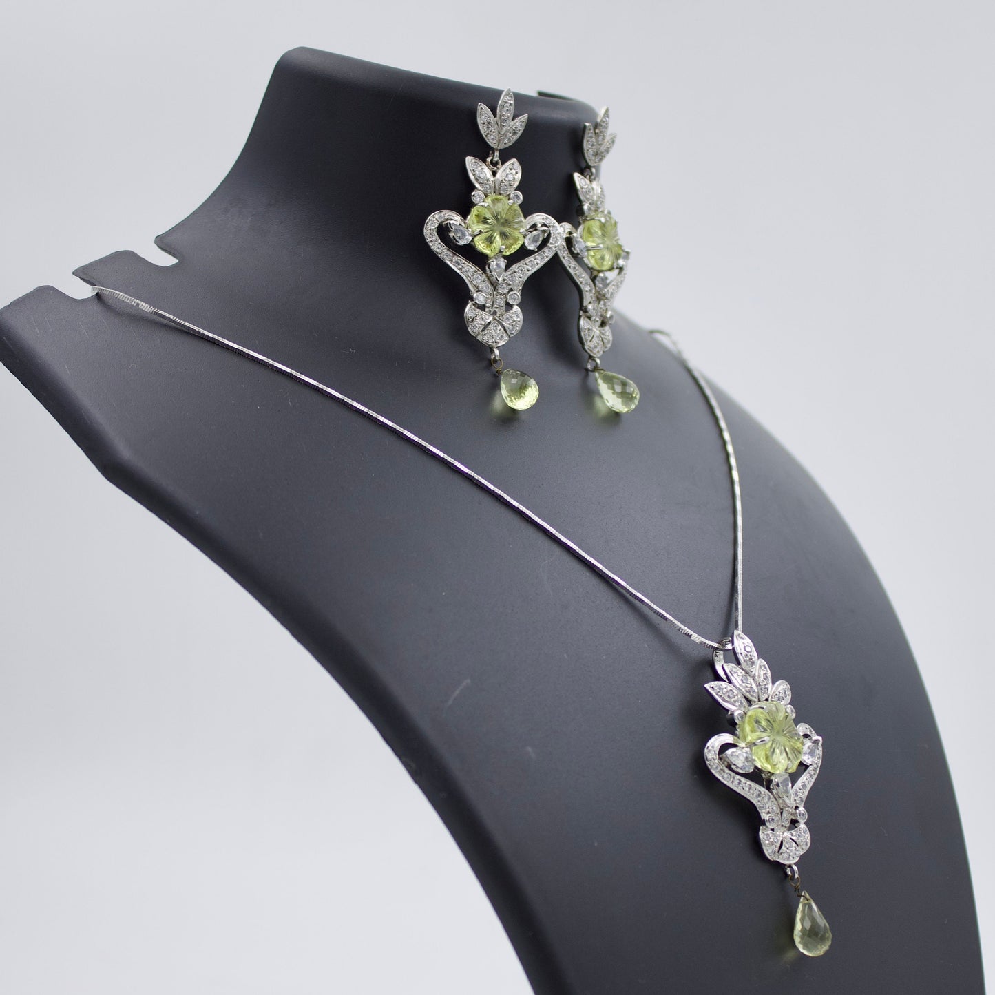 Vintage Floral Carved Lemon Topaz & CZ Pendant and Earring Set in Sterling Silver