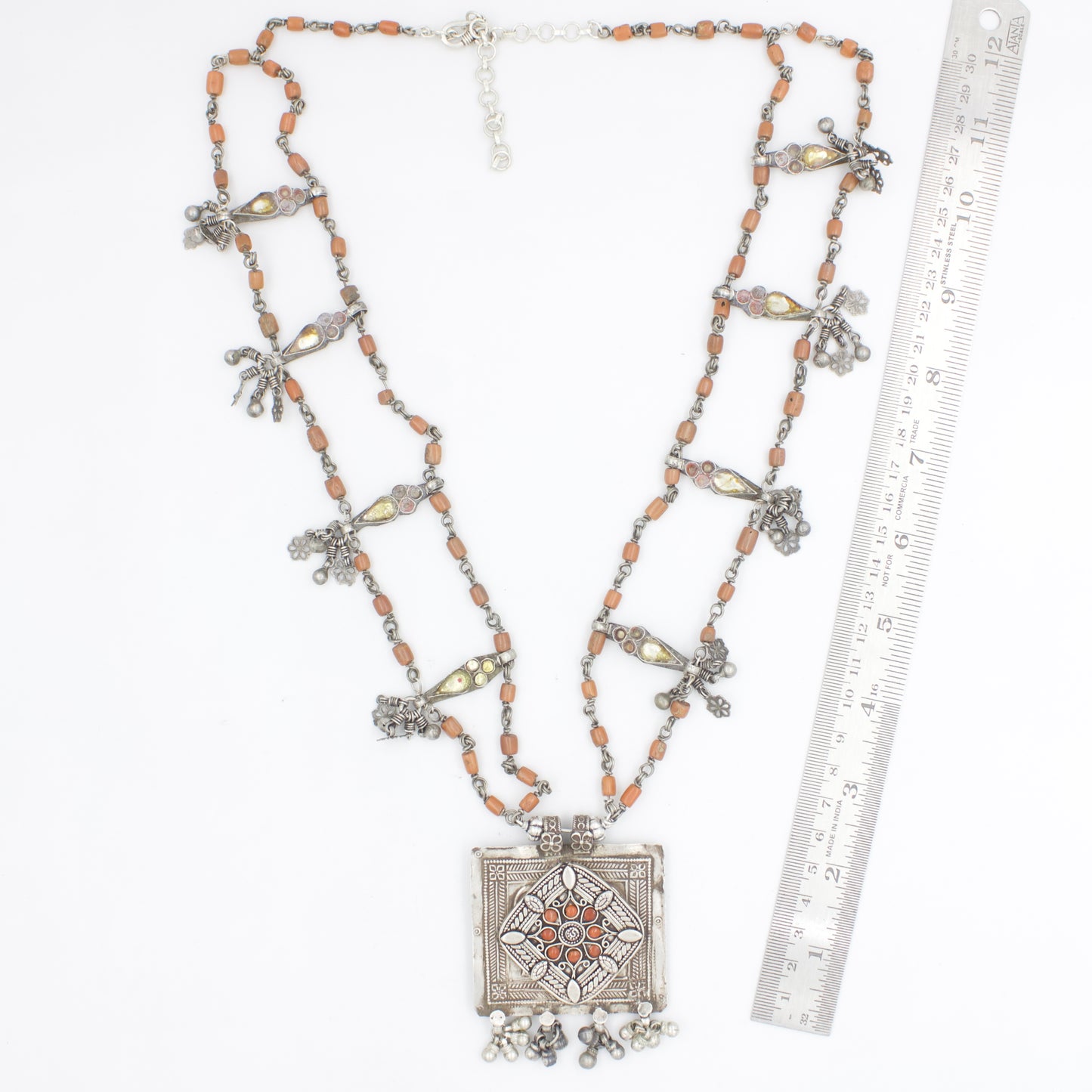 Navratri Antique Coral Necklace Double Strand Square Pendant in Sterling Silver