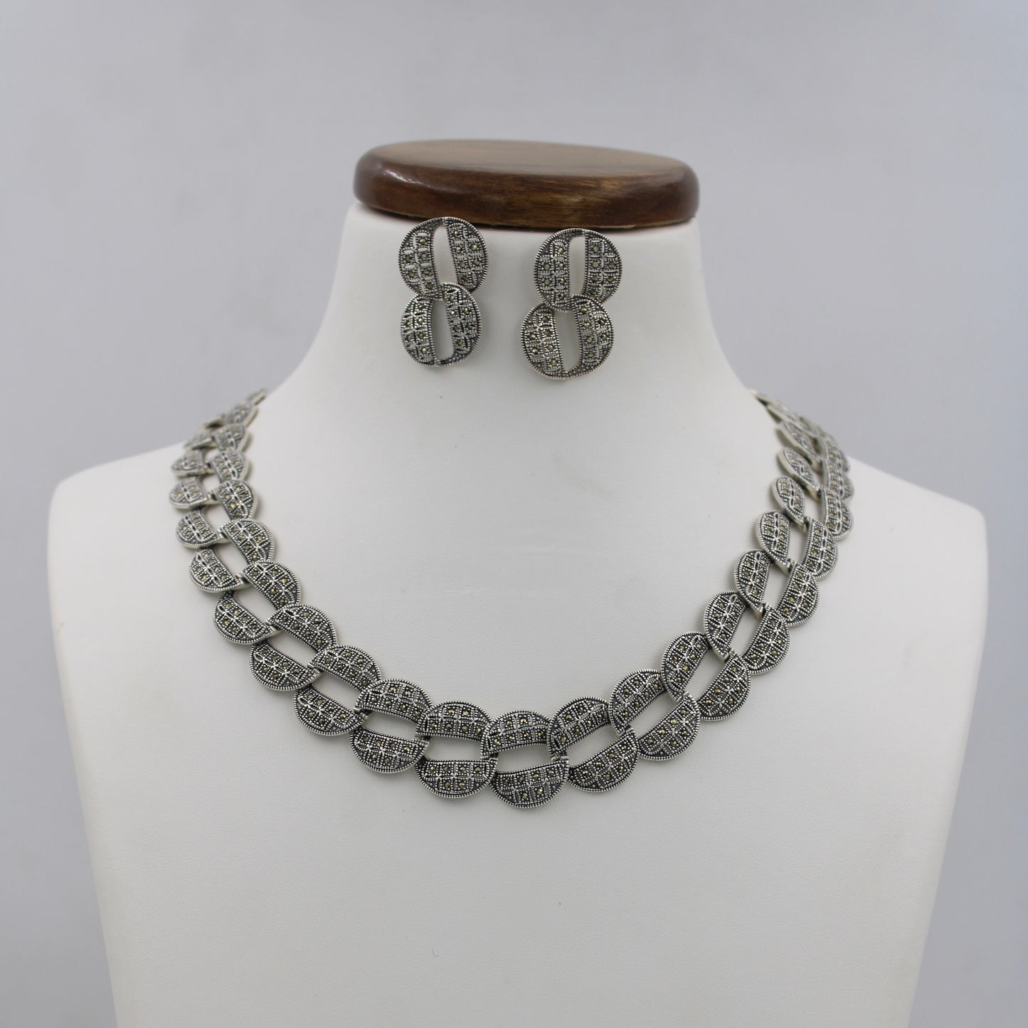 Statement Marcasite Cuban Link Necklace & Earring Set in Sterling Silver