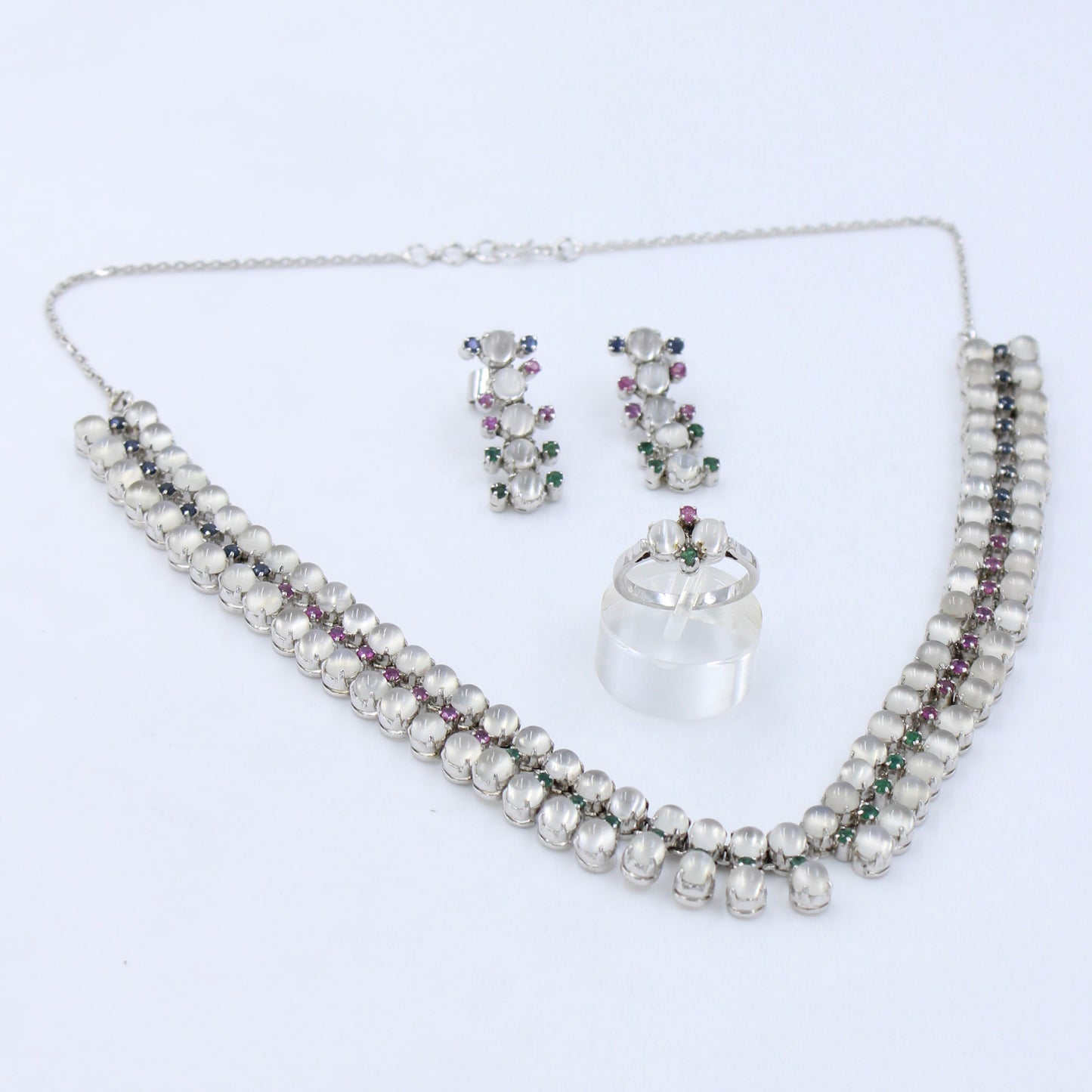 43.4 Ct AAA Natural Moonstone, Emerald, Pink & Blue Sapphire Silver Necklace, Earring & Ring Set