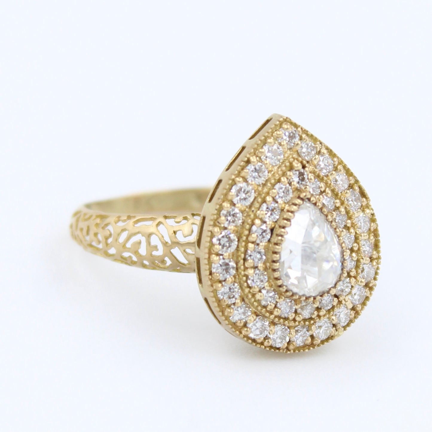 Natural 0.93 Ct Rose Cut & Round Diamond Filigree Work Cocktail Ring in 18K Brushed YellowGold