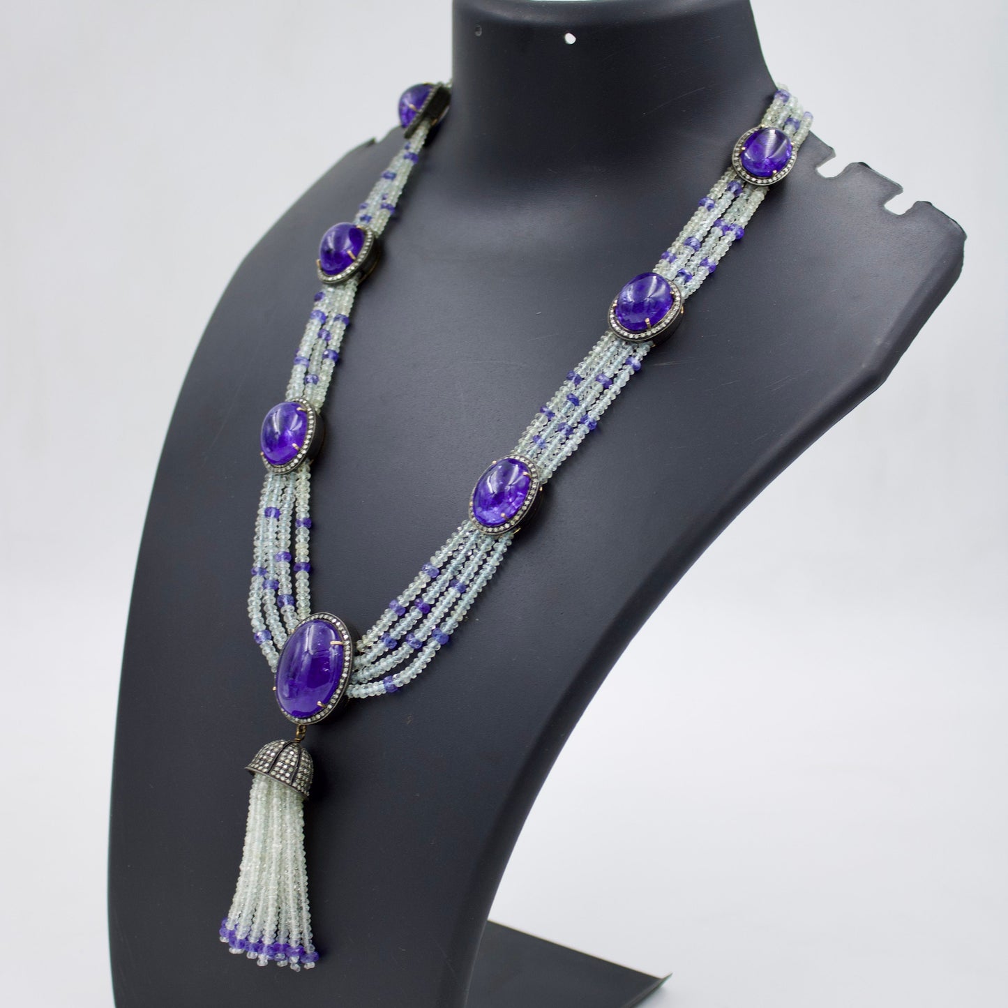 Victorian Tanzanite Aquamarine & Diamond Statement Tassel Necklace in 14K Gold and Sterling Silver