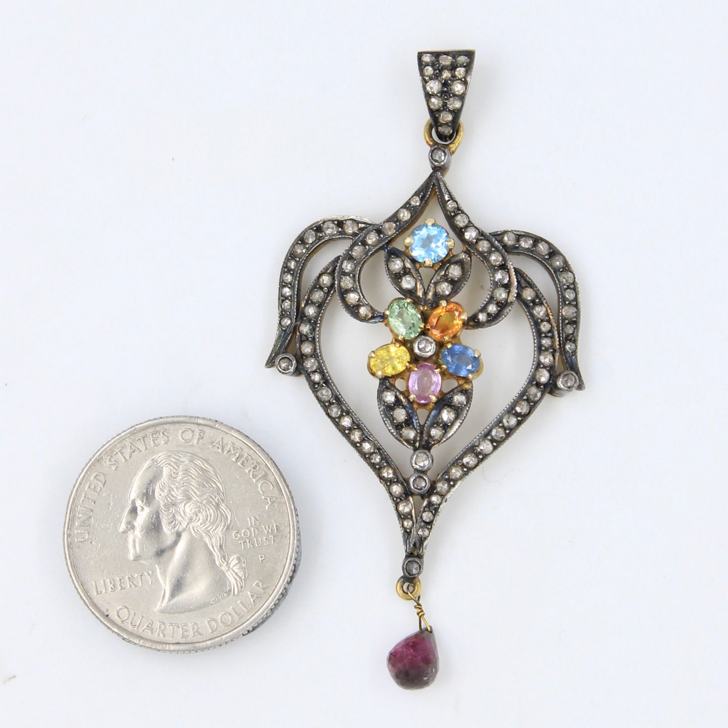 Victorian 3.85 TCW Untreated Sapphires and Diamond Pendant in 14k Gold & Sterling Silver