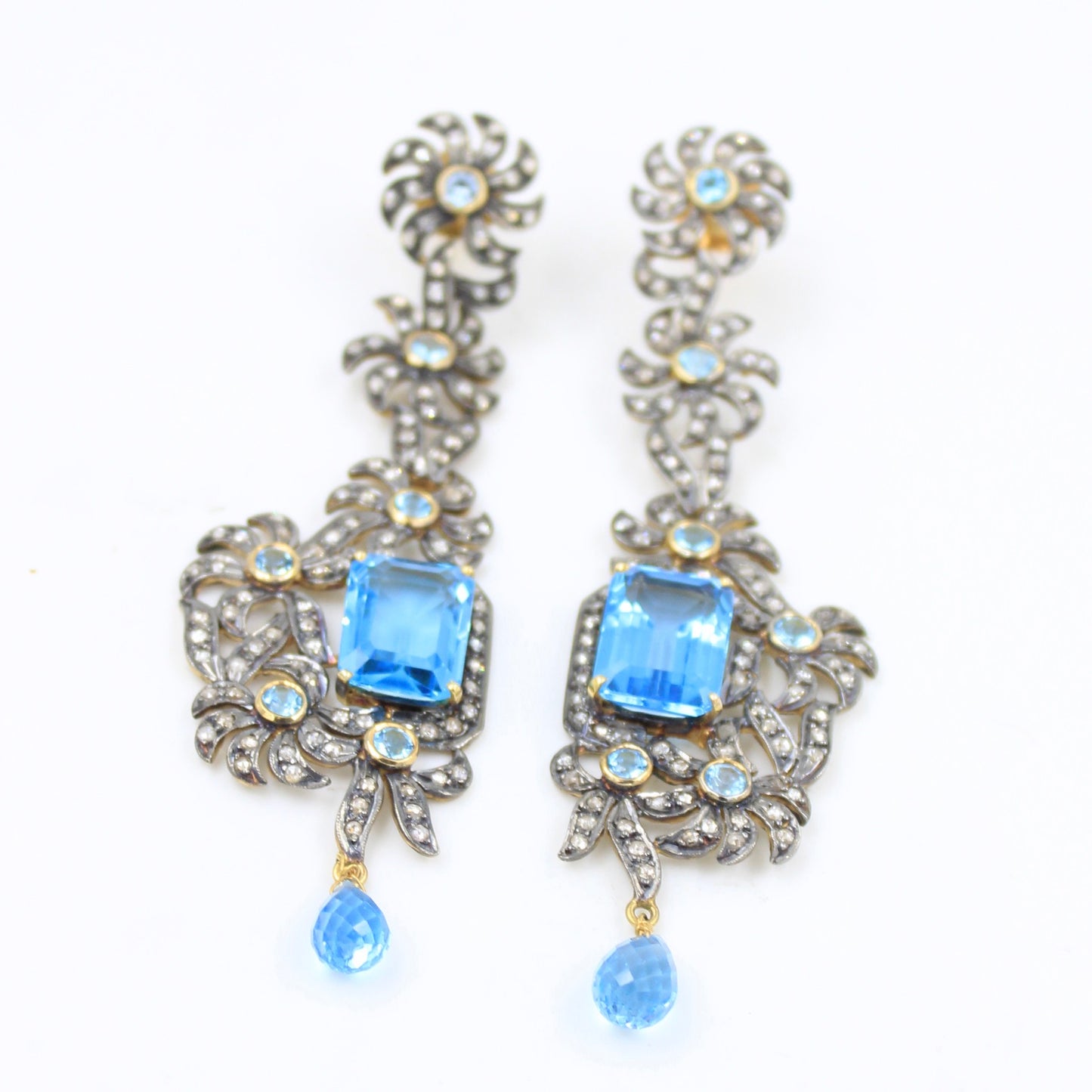 Victorian 27.52 TCW Blue Topaz and Diamond Drop Earrings in 14K Gold and Sterling Silver