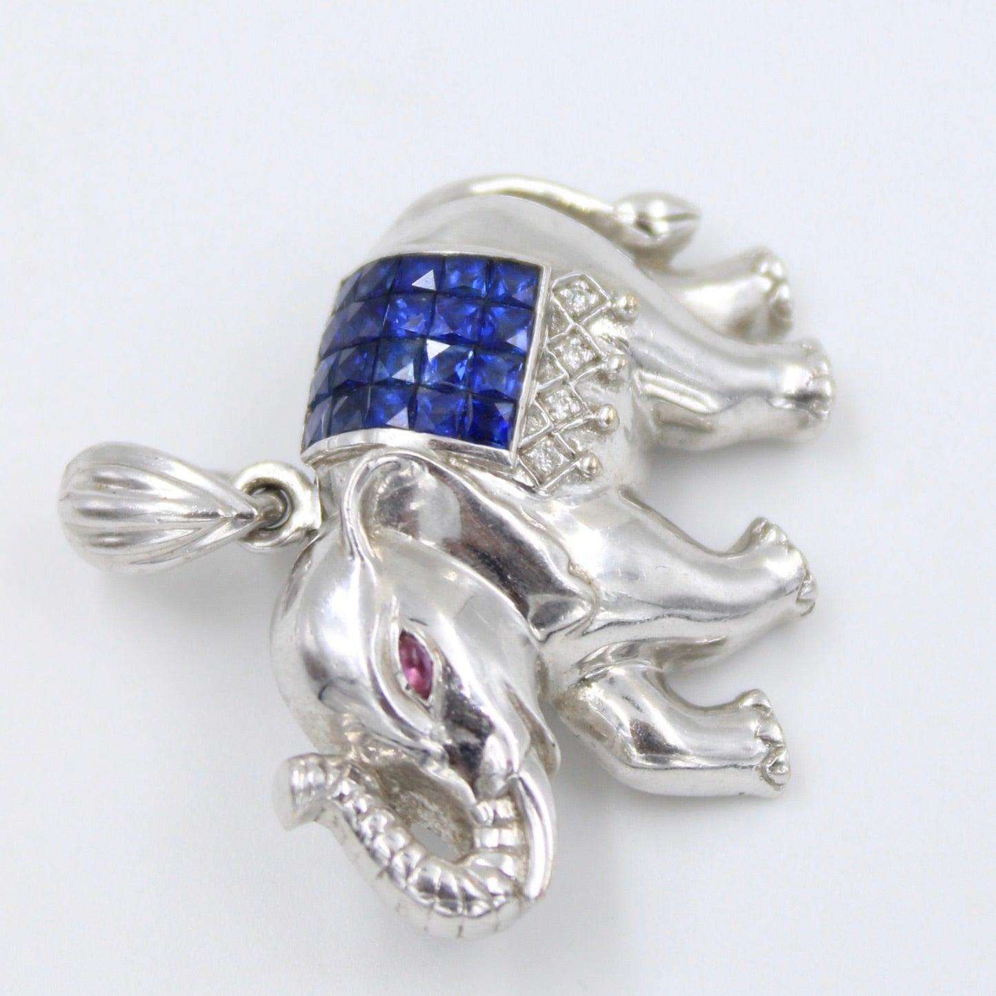Handmade 1.93 TCW Natural Sapphire Elephant Pendant / Brooch Pin in 18K White Gold