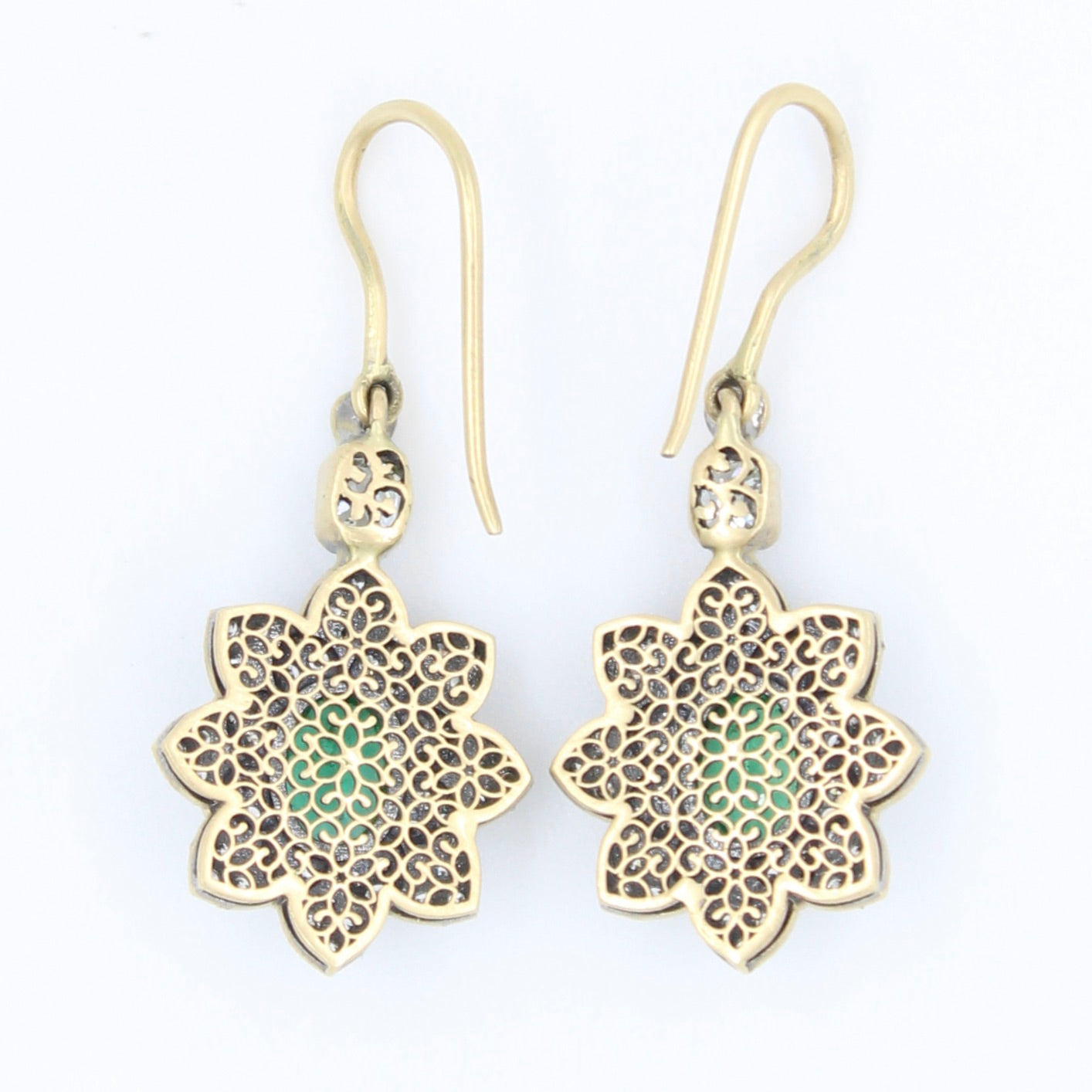 Unique 2.77 Ct Emerald & Diamond Filigree Work Drop Earrings in 18K Black Gold