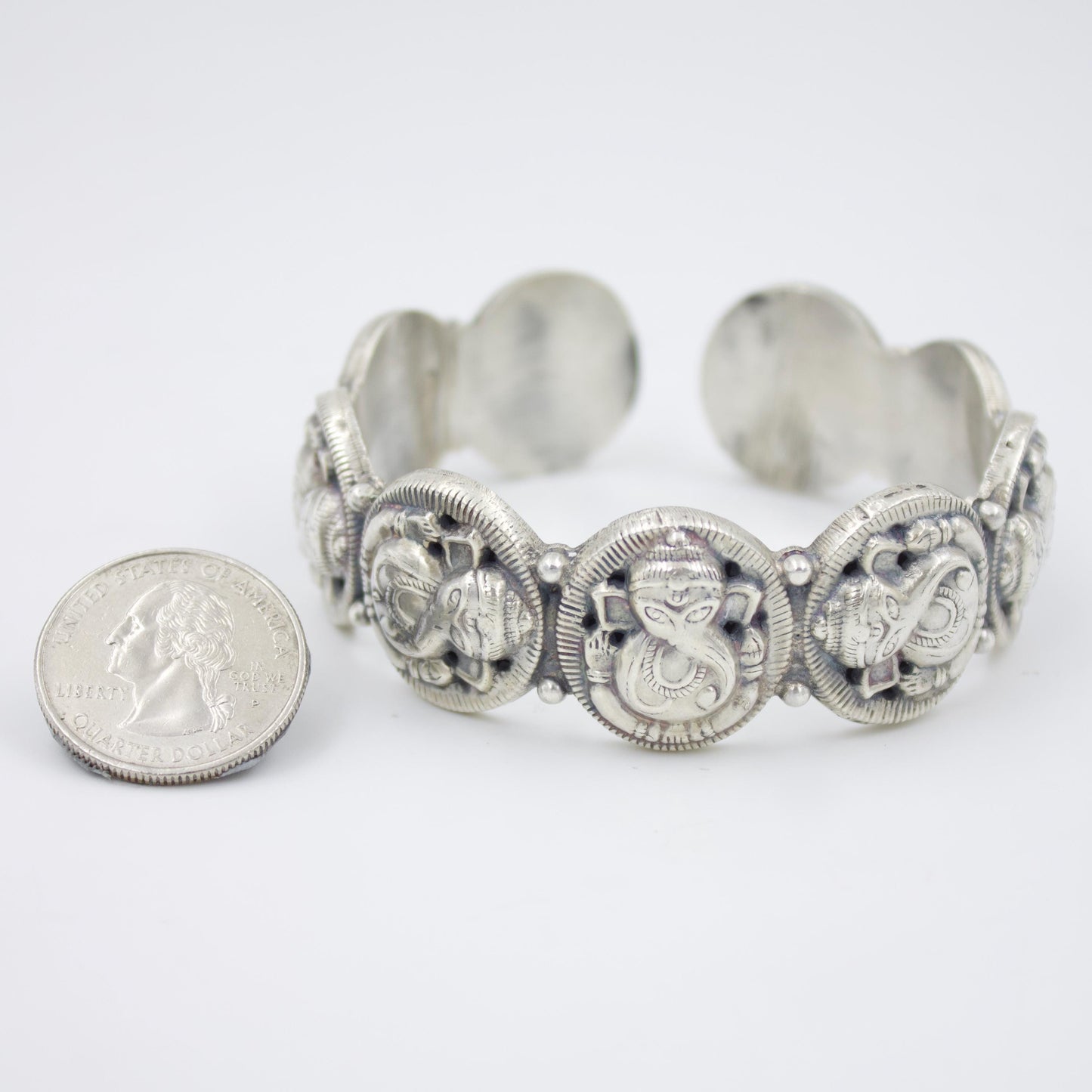 Vintage Handmade Etched Lord Ganesha Statement Cuff Bracelet in Sterling Silver