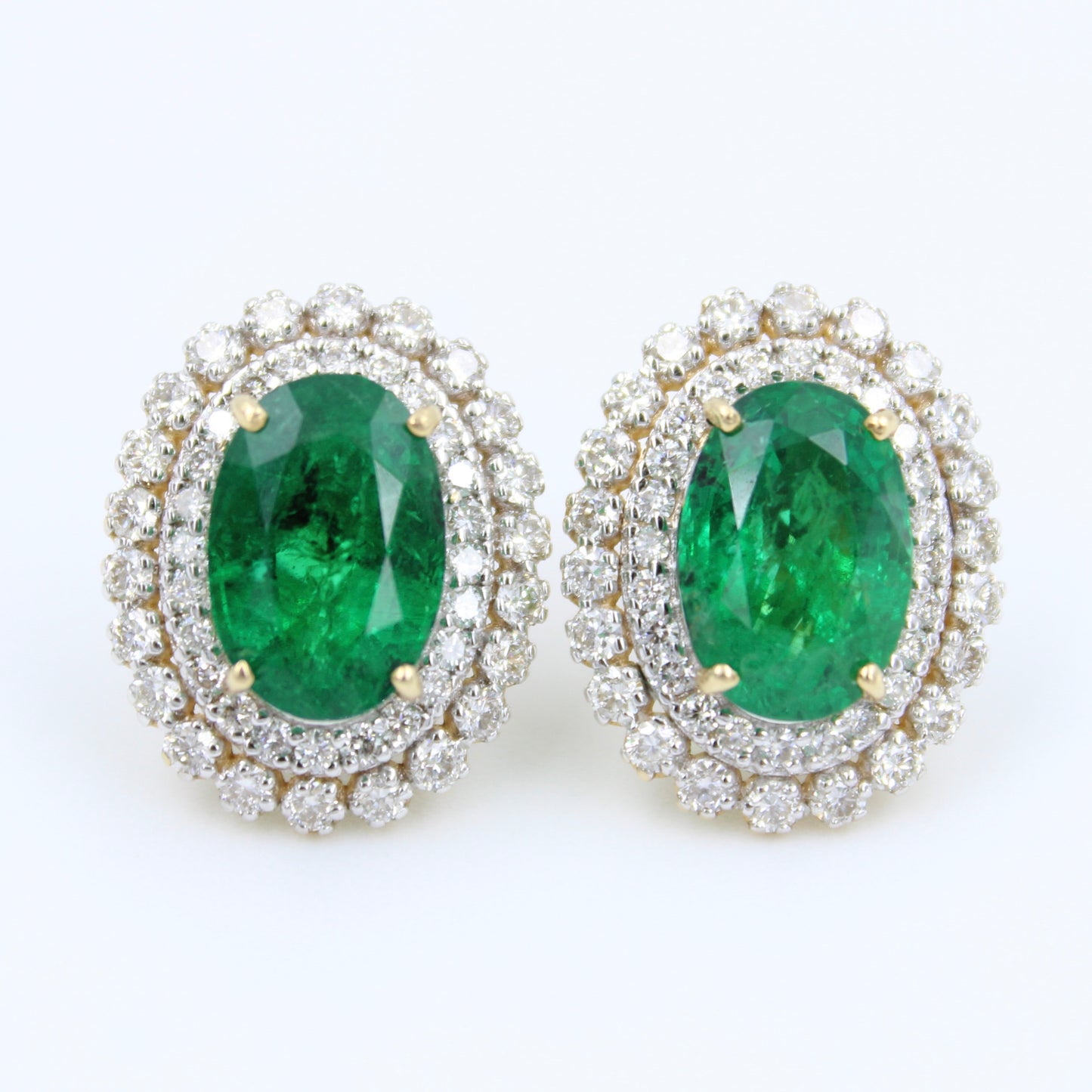 Statement 7.77 Ct Natural Vivid Green Emerald & Diamond Stud Earring 18K Gold