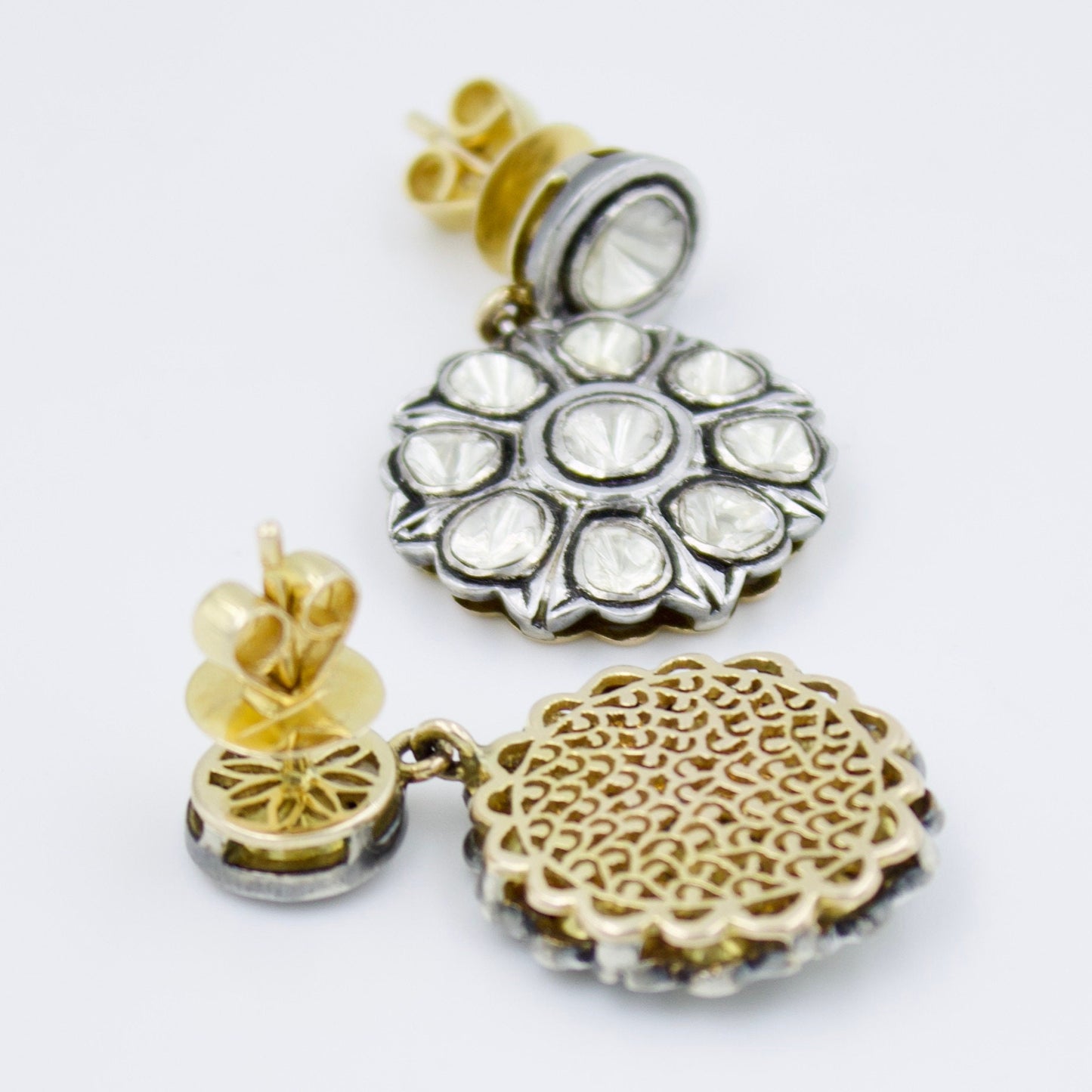 Vintage Victorian Natural Polki Diamond Statement Drop Earrings with Filigree Work in 14K Gold and Sterling Silver Alloy
