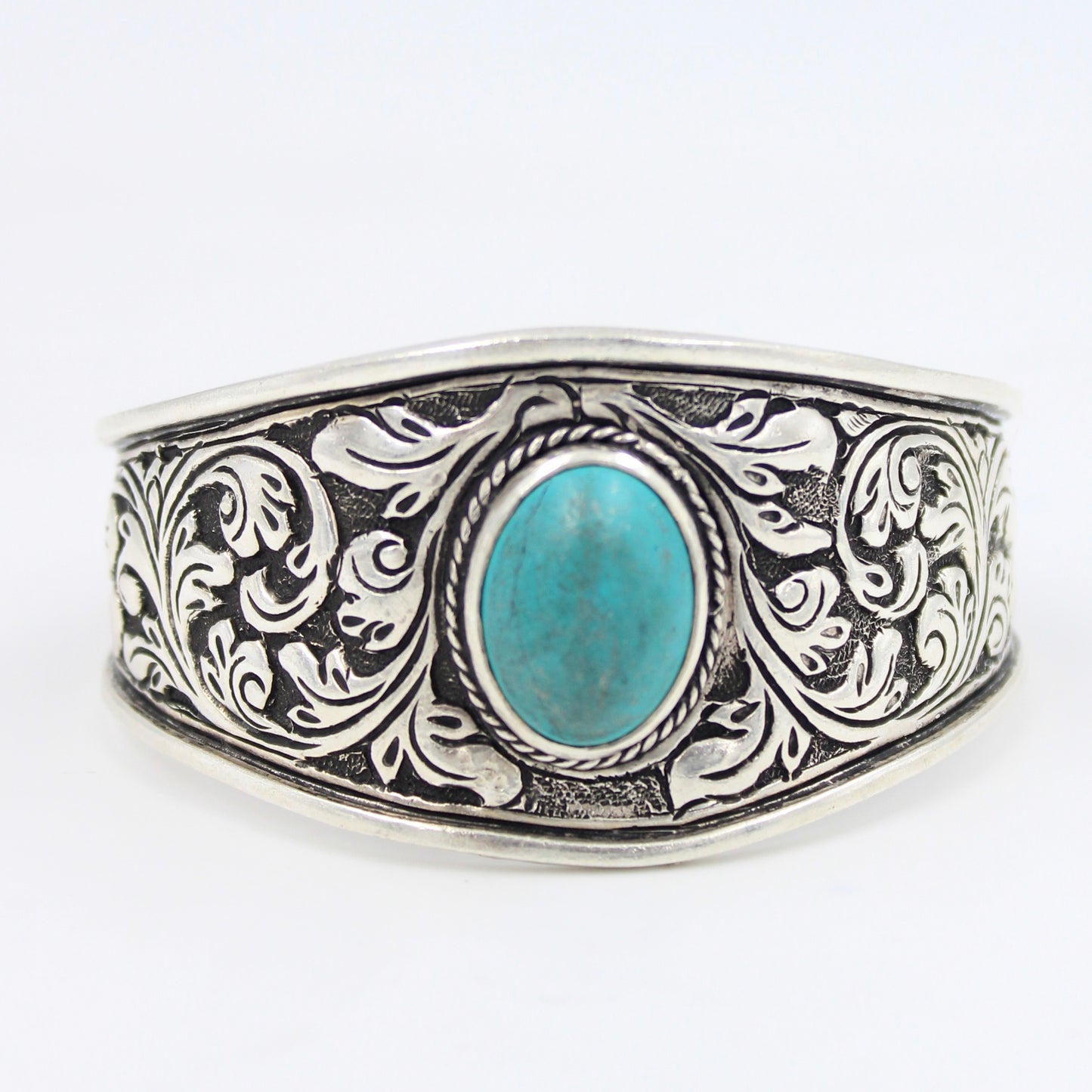 Vintage Hand Etched Chitai Work Turquoise Cuff Bracelet in Sterling Silver