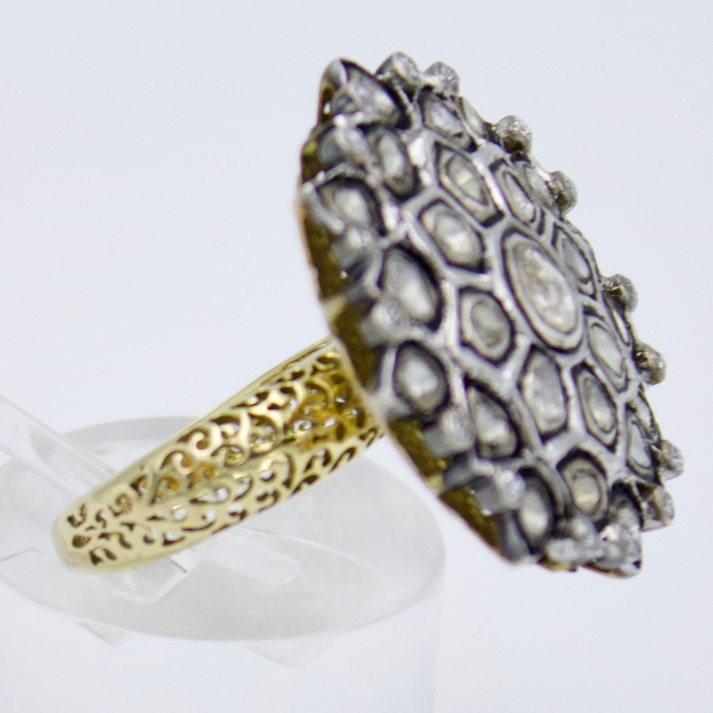 Victorian Polki Uncut Diamond Cocktail Ring with Filigree Work in 14K Yellow Gold and Sterling Silver