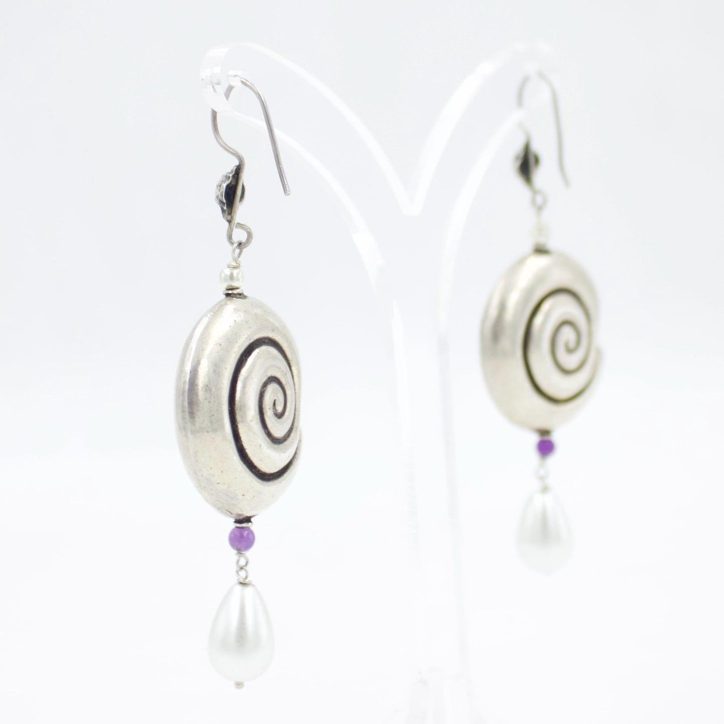 Handmade Spiral Pearl Drop Earrings in Sterling Silver