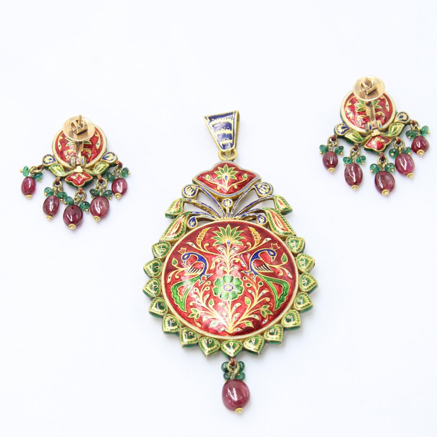 Vintage Indian Kundan Meenakari Work Vilandi Diamond Floral Pendant & Earrings in 22K Yellow Gold