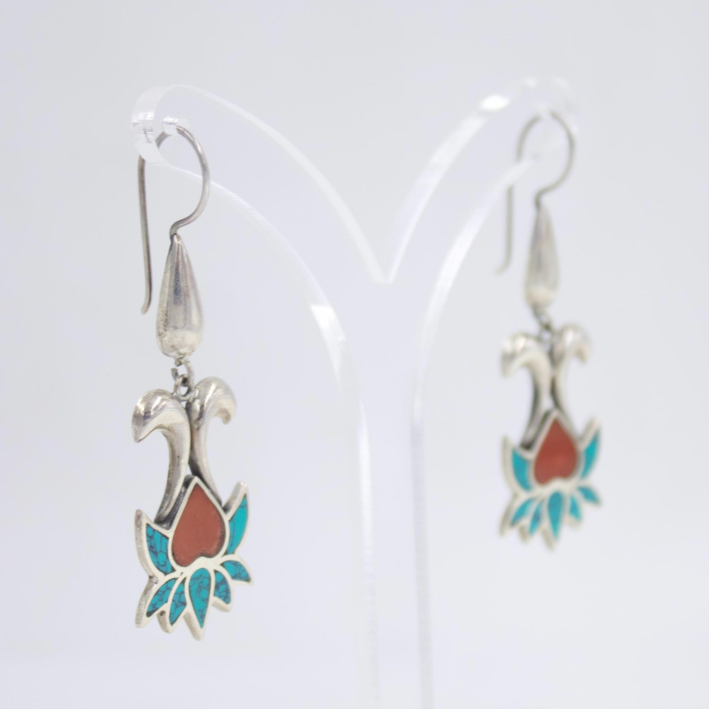 Vintage Turquoise and Carnelian Floral Statement Drop Earrings in Sterling Silver