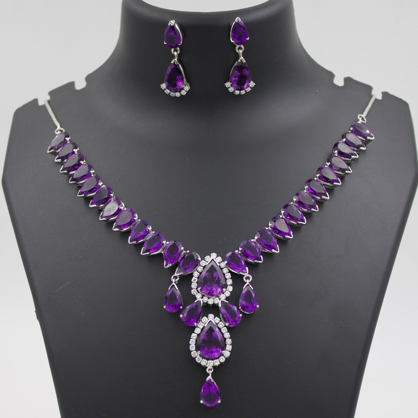 Vintage AAA Royal Purple 80 Ct Amethyst & CZ Statement Necklace, Drop Earrings, and Ring in Sterling Silver, February