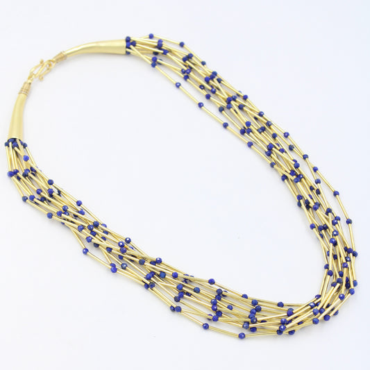 Handmade AAA Lapis Lazuli Beaded 11 Strand Necklace Gold Plated Sterling Silver