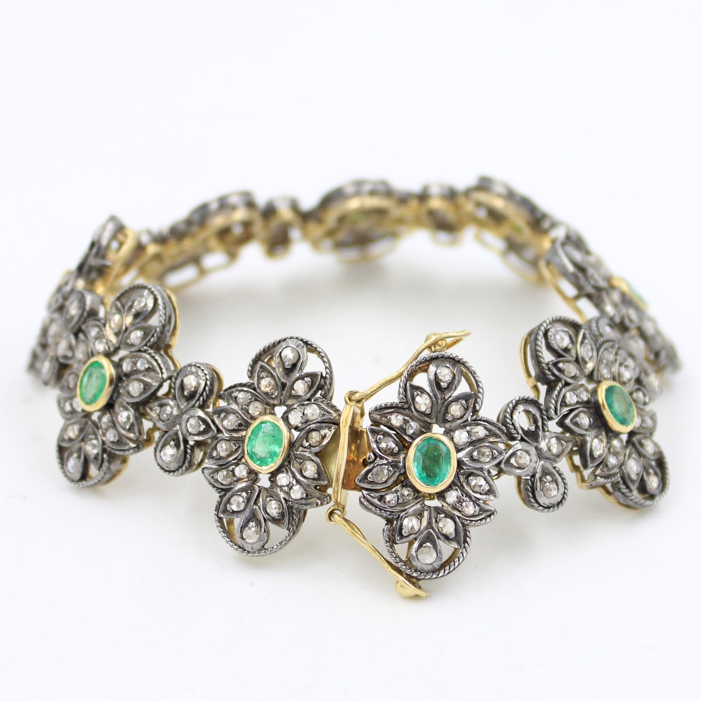 Victorian 6.5 TCW Emerald & Diamond Bracelet in 14K Gold and Sterling Silver