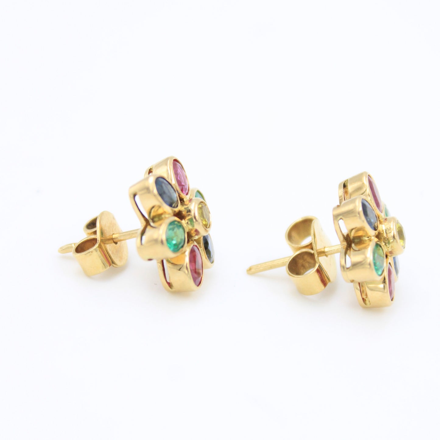 Elegant 4.25 TCW Natural Ruby, Emerald and Sapphire Floral Stud Earrings in 18K Yellow Gold