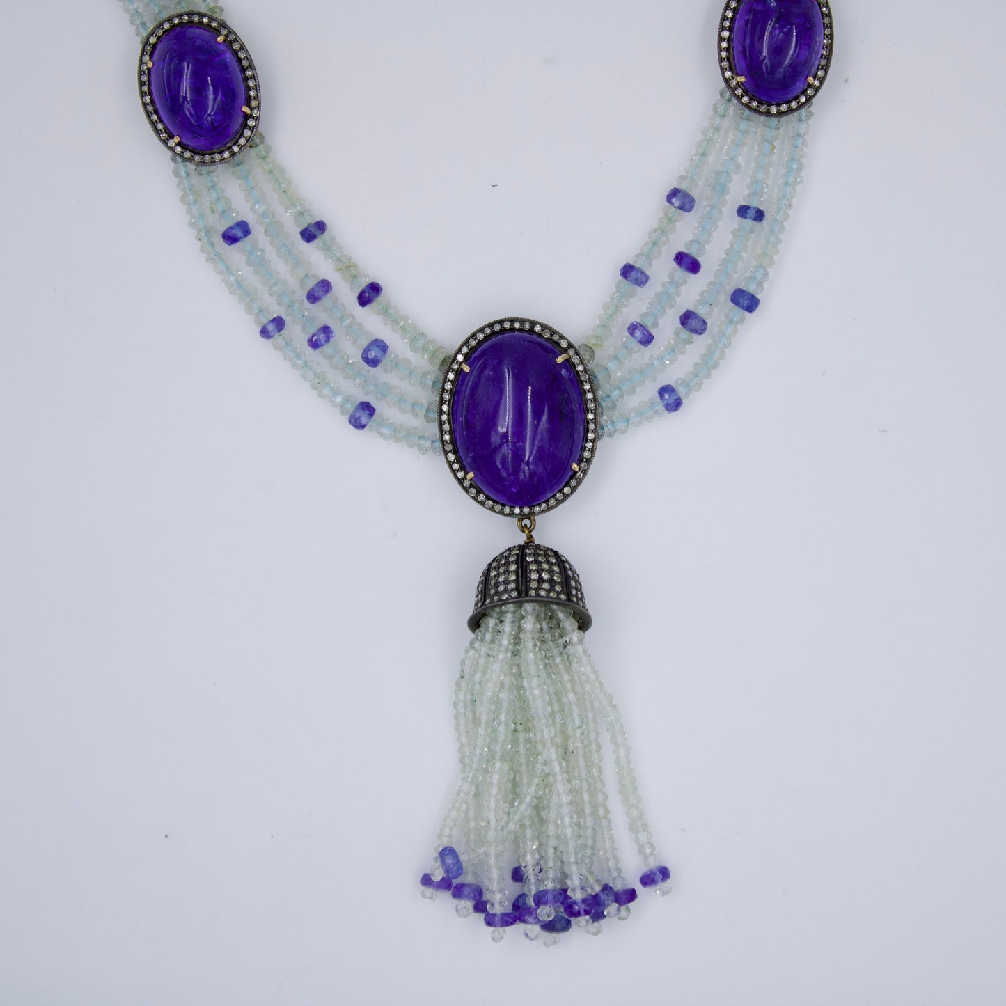 Victorian Tanzanite Aquamarine & Diamond Statement Tassel Necklace in 14K Gold and Sterling Silver