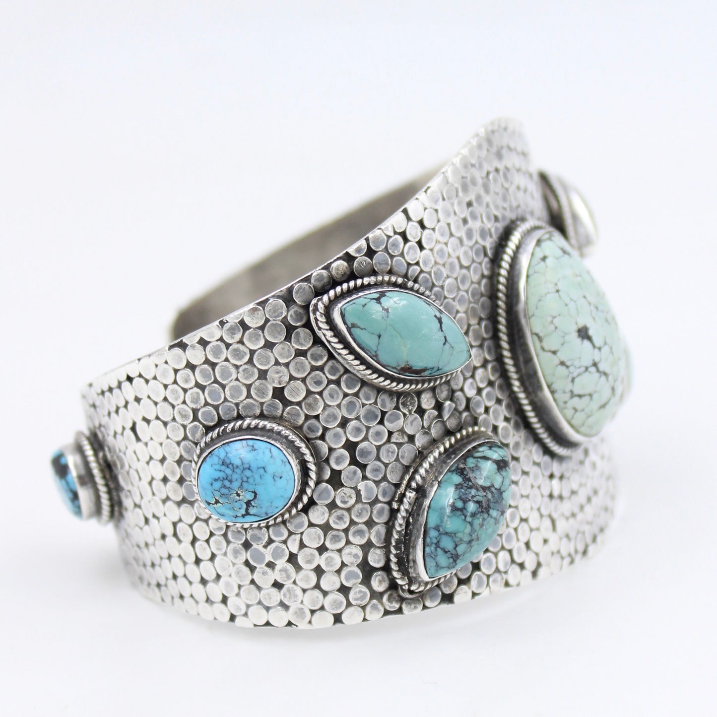 Vintage Handmade Turquoise Broad Statement Cuff Bracelet in Sterling Silver