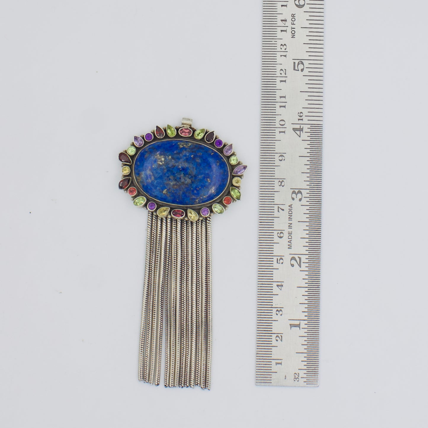Lapis Lazuli Multi-Tourmaline Chain Fringe Tassel Statement Pendant in 925 Silver