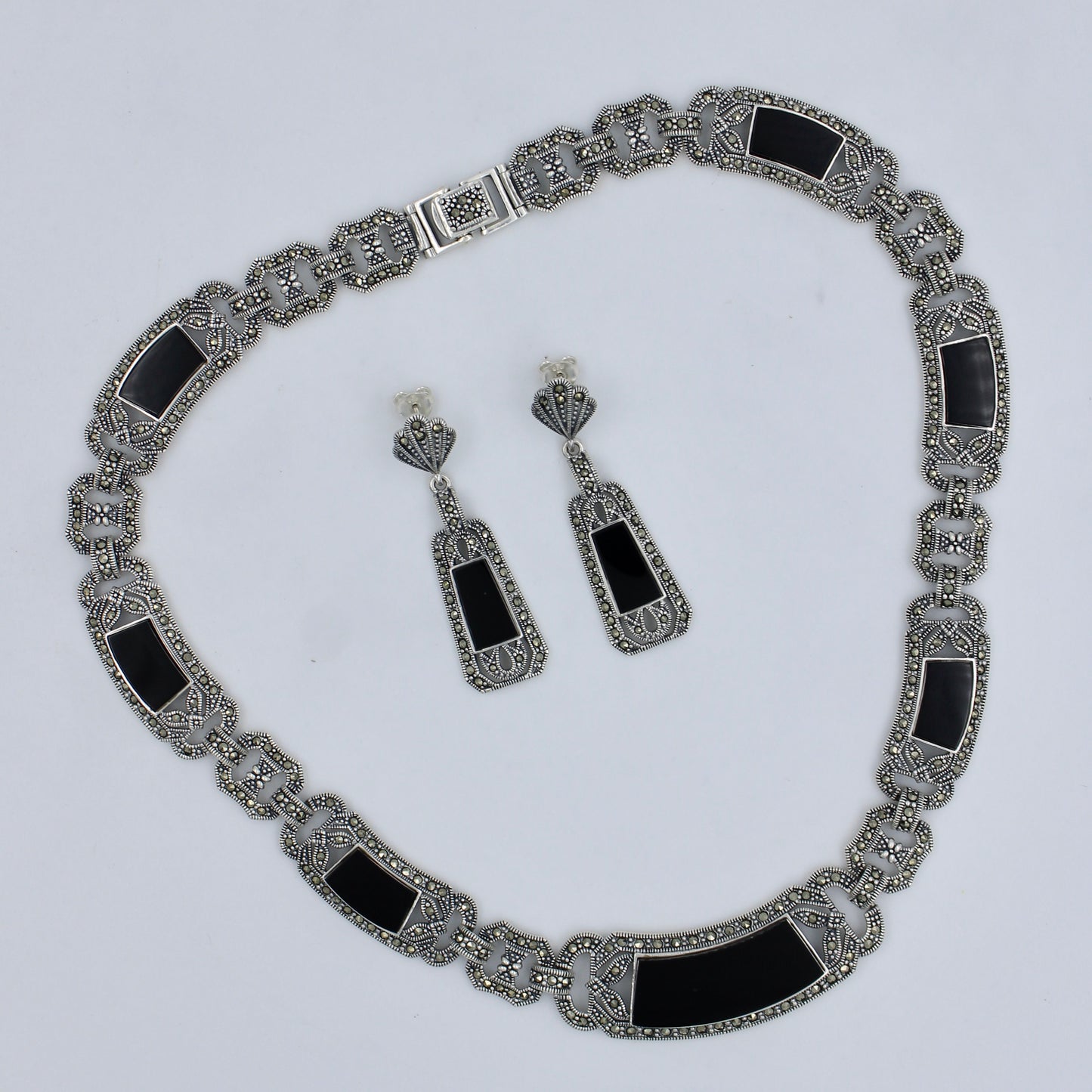 Unique Marcasite & Black Onyx Statement Necklace & Earrings in Sterling Silver