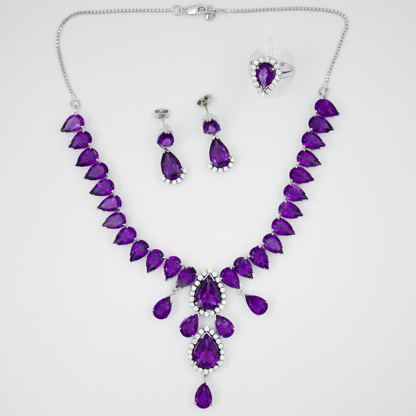 Vintage AAA Royal Purple 80 Ct Amethyst & CZ Statement Necklace, Drop Earrings, and Ring in Sterling Silver, February