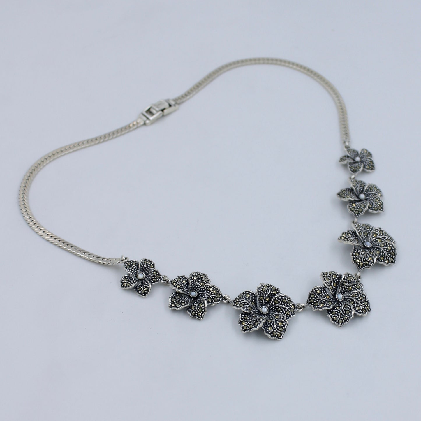 Unique Marcasite & Mother of Pearl Floral Necklace & Earring in Sterling Silver