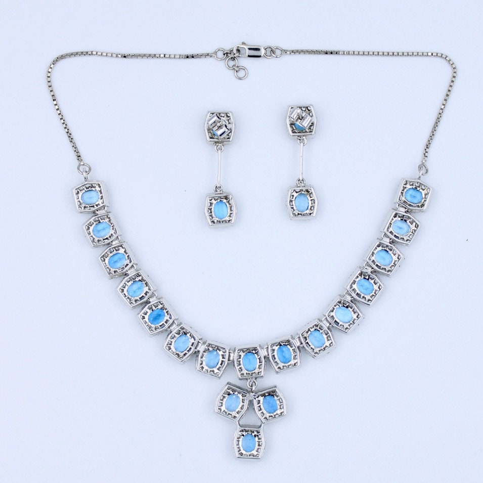 Vintage Swiss Blue Topaz & CZ Statement Necklace Earring and Ring in Sterling Silver