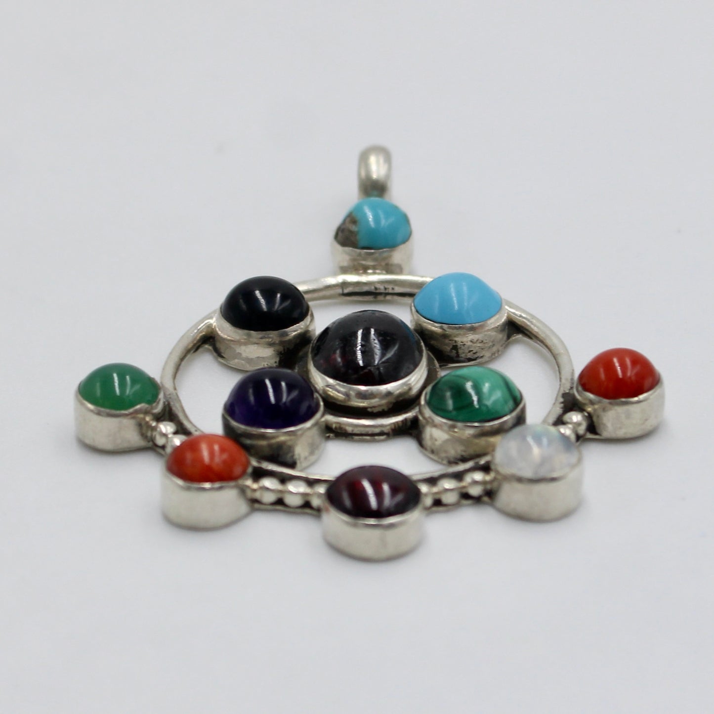 Vintage Multi Gem Amethyst, Turquoise, Malachite Pendant in Sterling Silver