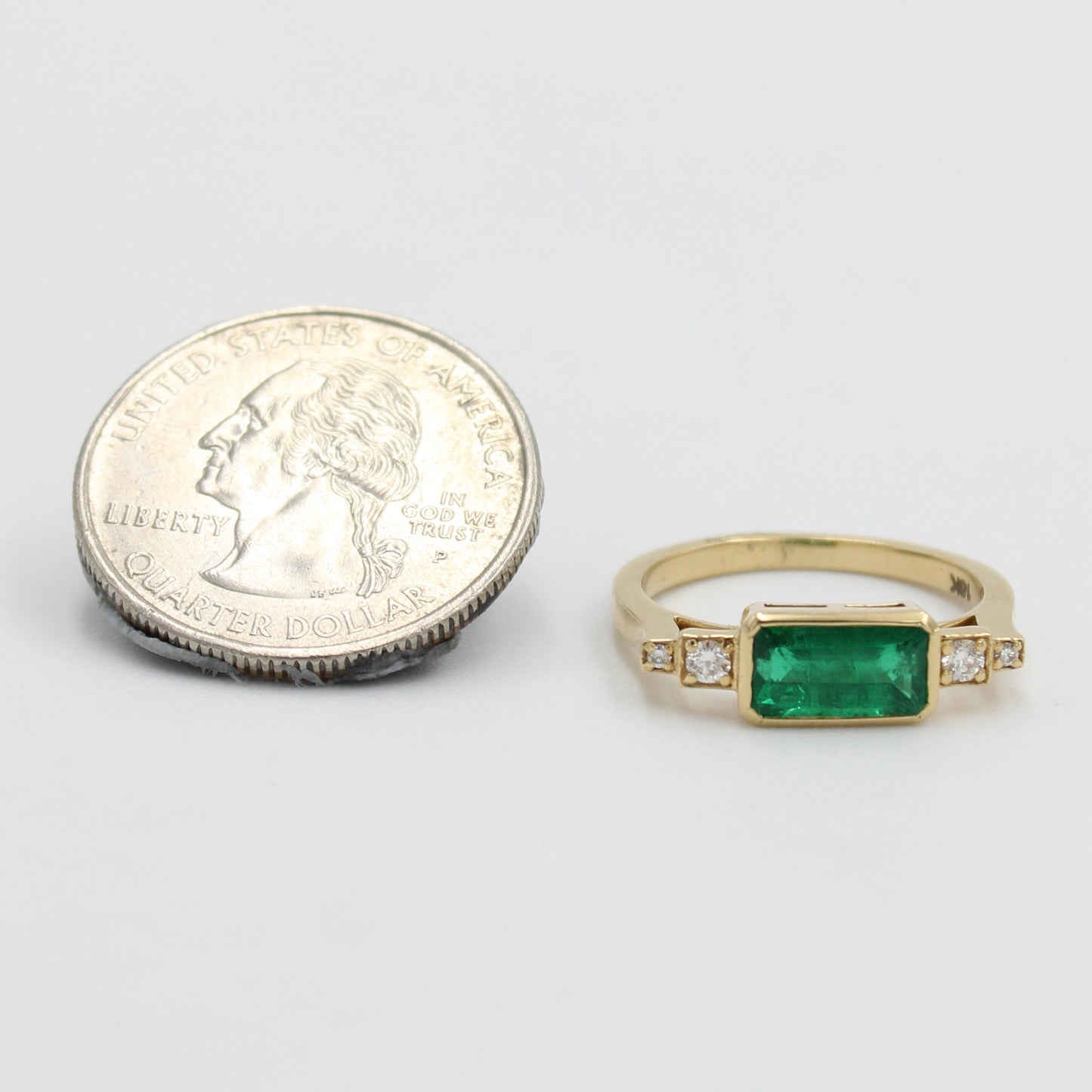 Natural AAA 1.42 Ct Emerald & Diamond East West Setting Ring in 18K Gold Size 7