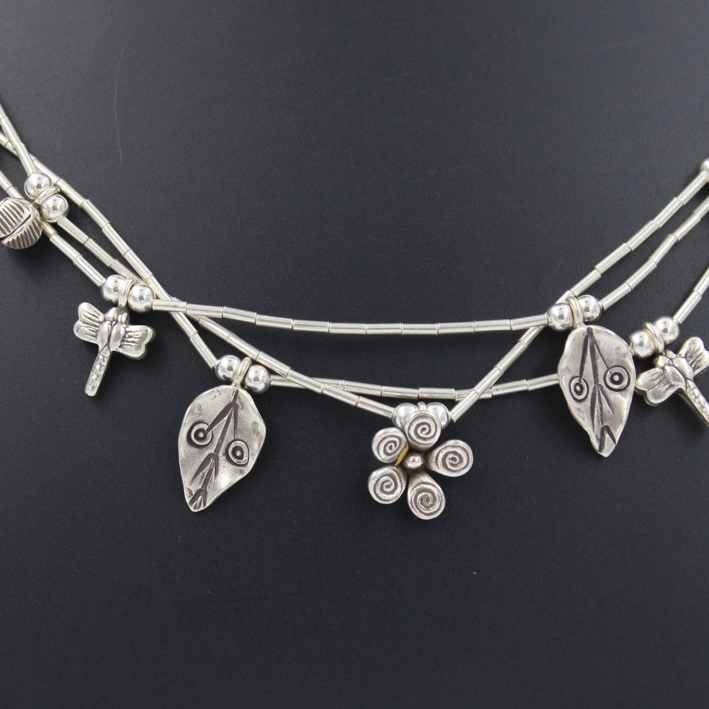 Handmade Indonesian Floral & Butterfly Charm 3 Layered Necklace in Sterling Silver