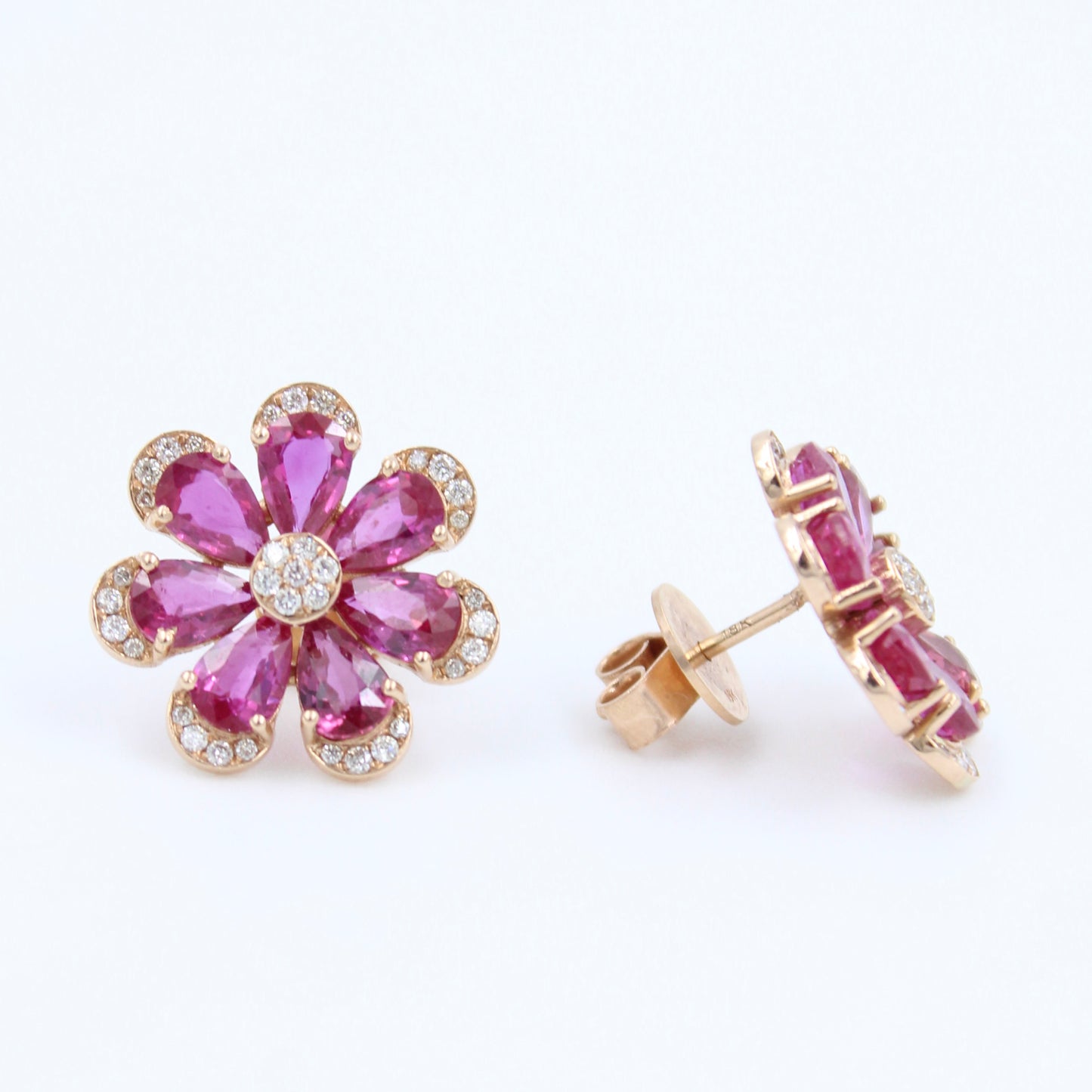 Natural AAA 7.45 Ct Untreated Ruby & Diamond Floral Stud Earrings 18K Rose Gold