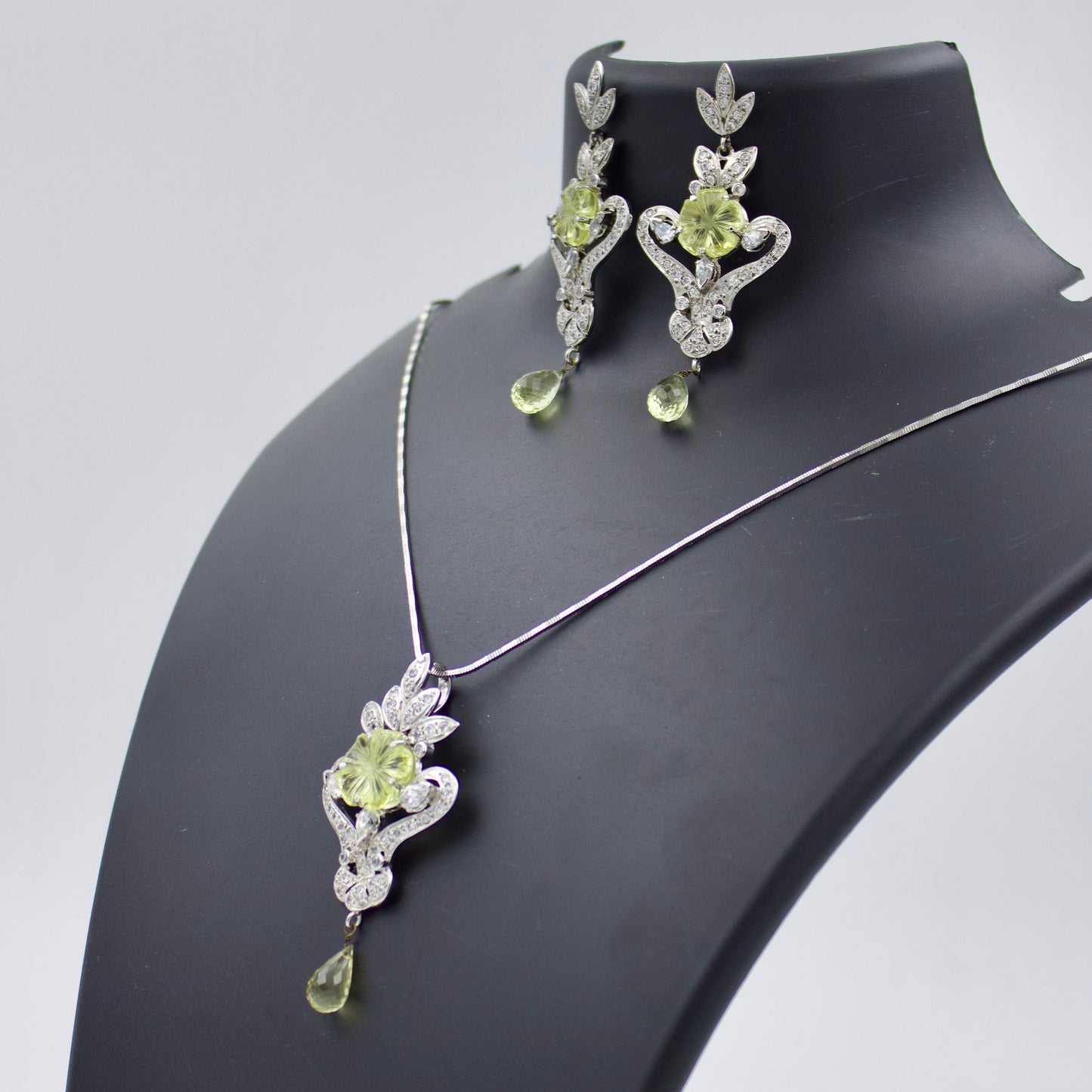 Vintage Floral Carved Lemon Topaz & CZ Pendant and Earring Set in Sterling Silver