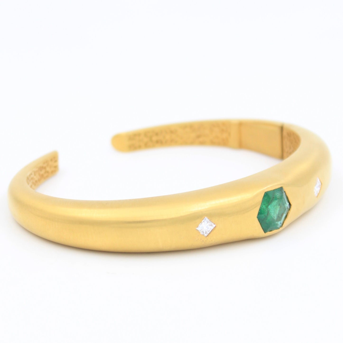 Natural 2.2 CT Emerald & Diamond Filigree Work Cuff Bracelet in 18K Brushed Gold