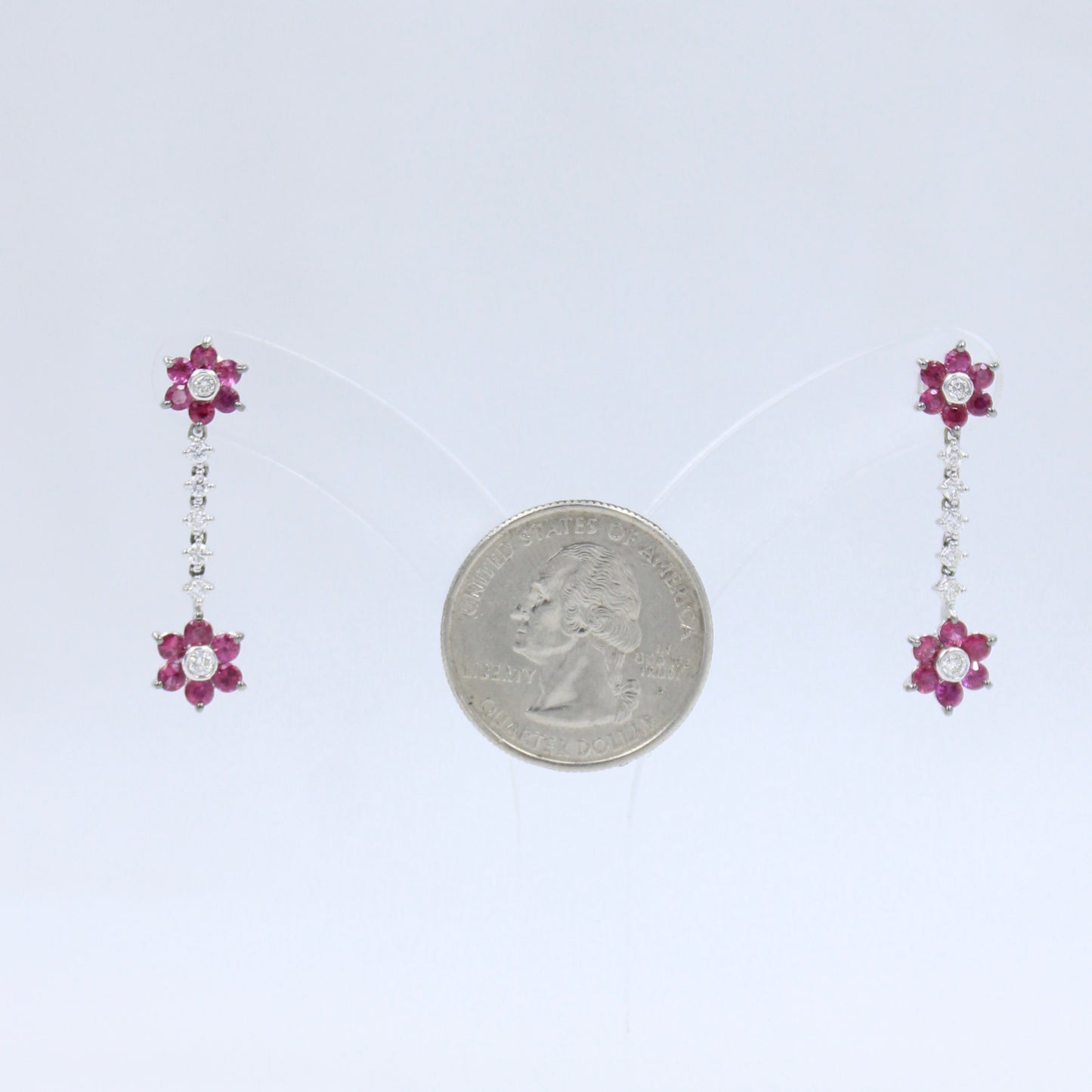 Elegant 2.13 TCW Natural Untreated Ruby & Diamond Floral Drop Earring in 18K White Gold
