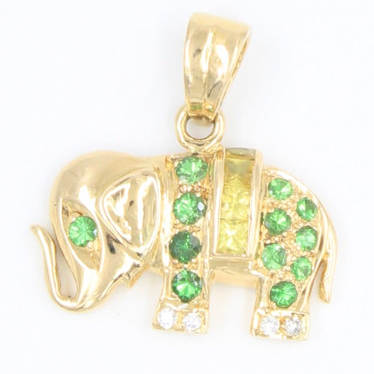 Minimalist 0.70 TCW Tsavorite, Yellow Sapphire & Diamond Elephant Pendant in 18K Gold
